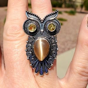 New Citrine & Monalisa Mystical Owl 925 Silver Ring.